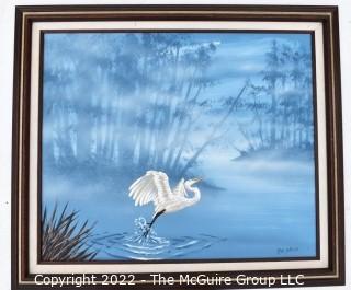 Framed Original Oil on Canvas of Heron Signed by Artist RA Selix.  25" x 29".