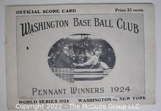 Washington Baseball Club Scorecard circa 1925