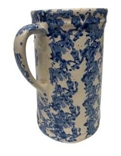 Vintage Blue & White Spongeware Pottery Pitcher, Unmarked.  9" tall. (WAS 116BE)