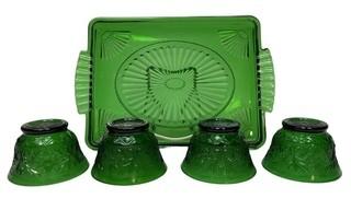 Emerald Green Oatmeal Glass Tray with Four Glass Bowls.  11 1/2 x 7 3/4