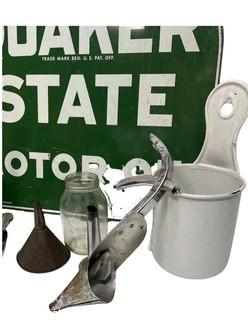 Group of Vintage Petrolinia Items Including 26 x 29" Porcelain Double Sided Quaker State Sign and Half Gallon Oil Can With Flexible Spout