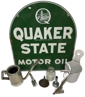 Group of Vintage Petrolinia Items Including 26 x 29" Porcelain Double Sided Quaker State Sign and Half Gallon Oil Can With Flexible Spout