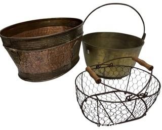 Brass Cooking Pot with Handle, Hammered Copper Tub And Wire Mesh Egg Basket.  