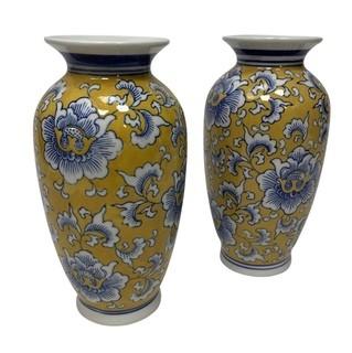 Matched Pair of Asian Painted Porcelain Vases in Yellow and Blue.  10 1/2" Tall