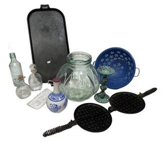 Griswold Cast Iron Waffle Maker, Cast Iron Griddle, Glassware, Colander and More.