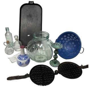 Griswold Cast Iron Waffle Maker, Cast Iron Griddle, Glassware, Colander and More.