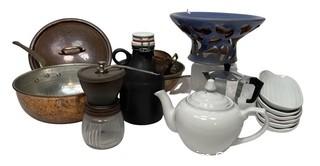 Selection Of European Kitchen Items Including Copper Pan, Growler, Coffee Mill, Colander, Coffee Pot 