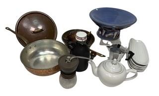 Selection Of European Kitchen Items Including Copper Pan, Growler, Coffee Mill, Colander, Coffee Pot 