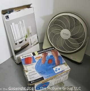 Collection of housewares including NIB wall mirror, foot bath and Cyclone fan