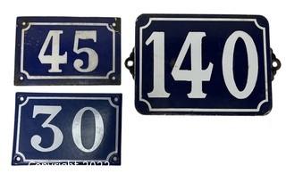 Vintage French Porcelain Enamel Metal Street Number Signs. Largest 6 x 8"