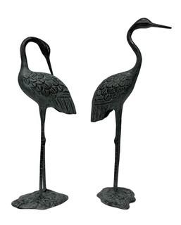 Set of Two (2) Cast Bronze Patina Crane Garden Statues.  Tallest is 16"