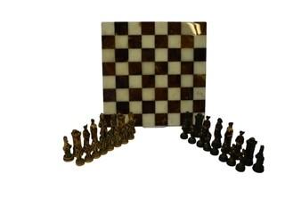 Mable Inlaid Chess Board with Resin Playing Pieces.  One with broken head.