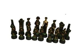 Mable Inlaid Chess Board with Resin Playing Pieces.  One with broken head.