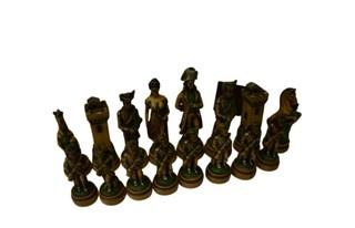 Mable Inlaid Chess Board with Resin Playing Pieces.  One with broken head.