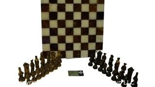 Mable Inlaid Chess Board with Resin Playing Pieces.  One with broken head.