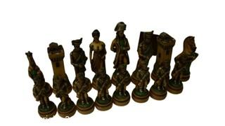 Mable Inlaid Chess Board with Resin Playing Pieces.  One with broken head.