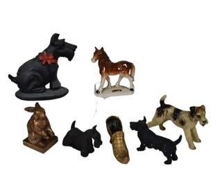 Group of Figurines in Porcelain. Cast Iron and Metal of Dogs Horses and Bunnies. 