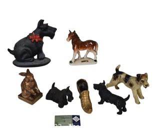 Group of Figurines in Porcelain. Cast Iron and Metal of Dogs Horses and Bunnies. 