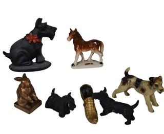 Group of Figurines in Porcelain. Cast Iron and Metal of Dogs Horses and Bunnies. 