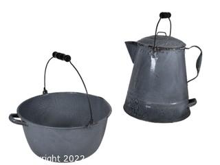 Old Enamelware Graniteware Coffee Pot and Cook Pot Both with Handles.