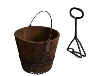 Primitive Water Bucket and Wrought Iron Horse Brand "R"