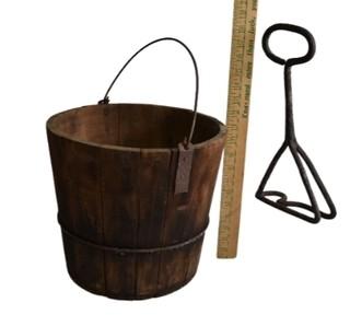 Primitive Water Bucket and Wrought Iron Horse Brand "R"