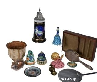 Men's Dresser Tray, Florentine, Painted Pottery Bells, Mirror & Brush Set, Souvenir Stein Iceland & Enamel Cloisonne Hand Bell.