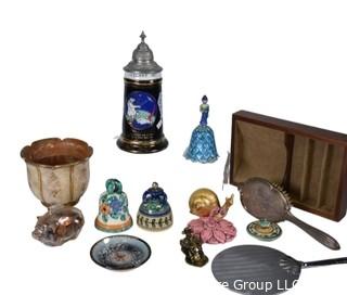 Men's Dresser Tray, Florentine, Painted Pottery Bells, Mirror & Brush Set, Souvenir Stein Iceland & Enamel Cloisonne Hand Bell.