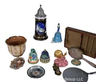 Men's Dresser Tray, Florentine, Painted Pottery Bells, Mirror & Brush Set, Souvenir Stein Iceland & Enamel Cloisonne Hand Bell.