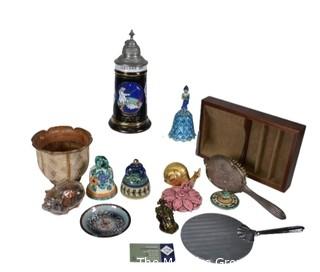 Men's Dresser Tray, Florentine, Painted Pottery Bells, Mirror & Brush Set, Souvenir Stein Iceland & Enamel Cloisonne Hand Bell.