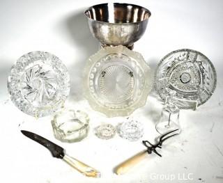 Crystal Ashtrays and Salts, Mother of Pearl Carving Set and Silver Plated Bowl.