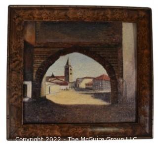 9 x 9" Framed Original Oil on Board Painting of Medieval City Scene.  