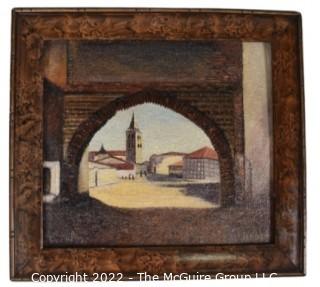 9 x 9" Framed Original Oil on Board Painting of Medieval City Scene.  