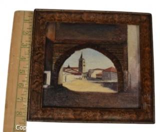 9 x 9" Framed Original Oil on Board Painting of Medieval City Scene.  