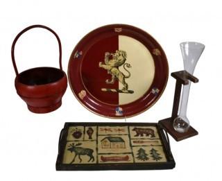 Group of Decorative Items Including Trays, Basket and Beer Glass with Stand.