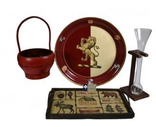 Group of Decorative Items Including Trays, Basket and Beer Glass with Stand.