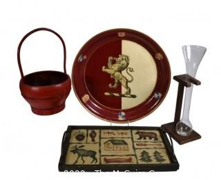 Group of Decorative Items Including Trays, Basket and Beer Glass with Stand.