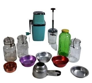 Ice Crusher, Chopper, Wire Bail Canning Jars and Aluminum Ware.