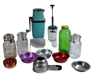 Ice Crusher, Chopper, Wire Bail Canning Jars and Aluminum Ware.