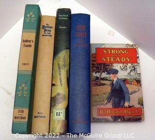 Selection of vintage five Whitman hard cover children's books: Dick Track, Sherlock, Alger