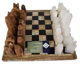 Carved Polished Marble Chess Set with Aztec Pieces, Made in Mexico.  12" square