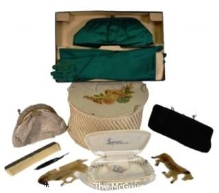 Group of Beaded Handbags, Hat Box, Crystal Bead Necklace, Carved Combs and Satin Gloves