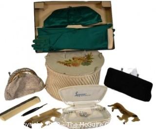 Group of Beaded Handbags, Hat Box, Crystal Bead Necklace, Carved Combs and Satin Gloves