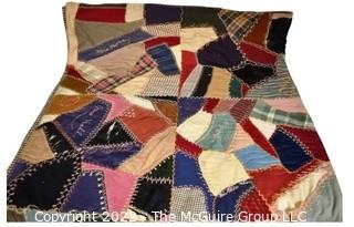 Crazy Quilt With Embroidered Signatures. 72" x 82".