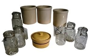 Group of Roseville Stone Ware Crocks and Canning Jars.