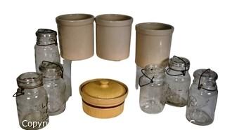 Group of Roseville Stone Ware Crocks and Canning Jars.