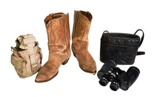 Vintage Durango Cowboy Boots Sized ~ 10.5, Canteen and LeGran Model No. 129 Binoculars 7X50