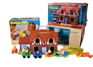 KiddiCraft Webster the Spider, 3-D Chess Game and Fisher Price Playhouse in Box with Accessories.  Missing chess pieces.