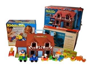 KiddiCraft Webster the Spider, 3-D Chess Game and Fisher Price Playhouse in Box with Accessories.  Missing chess pieces.