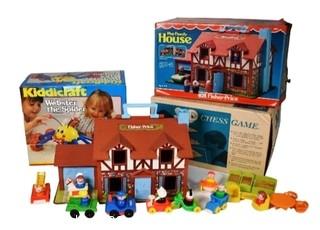 KiddiCraft Webster the Spider, 3-D Chess Game and Fisher Price Playhouse in Box with Accessories.  Missing chess pieces.